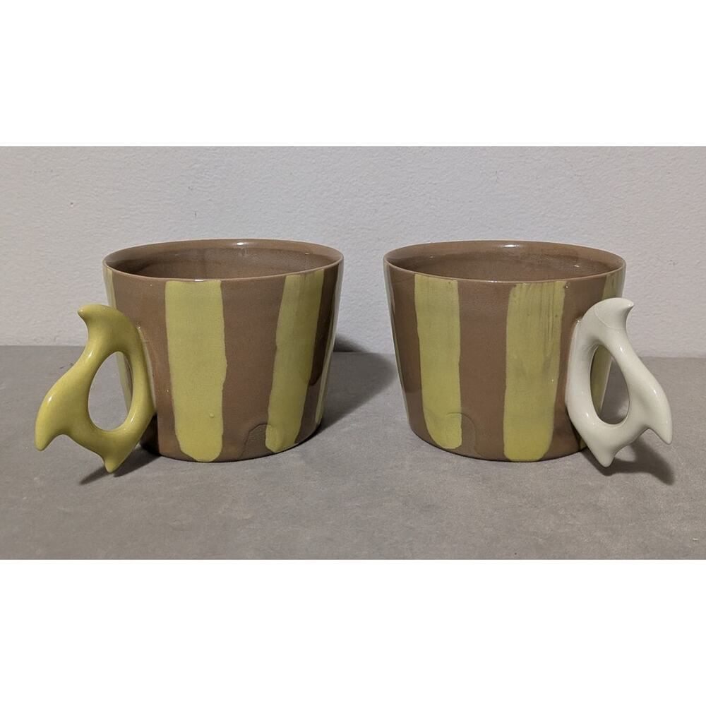John Quick Penland 2024 Brown & Green Striped Unique Art Pottery Mugs Set Of 2 - Picture 2 of 15